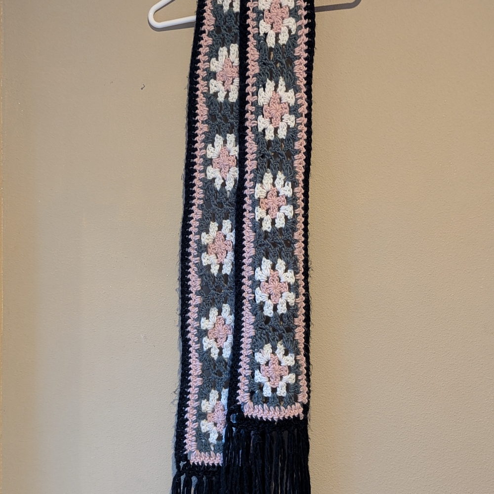 Elegant Black and Pink Crochet Scarf